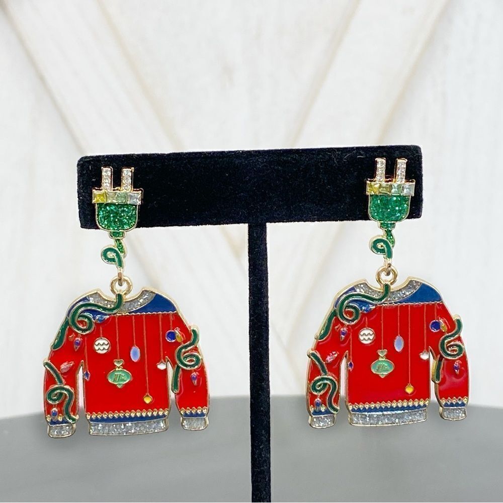 Serra Ugly Sweater Rhinestone Dangle Earrings Holiday Christmas